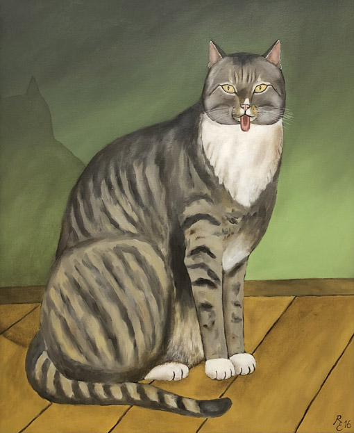 Katze vor gruener Wand, 2016, Öl 57 x 46 cm